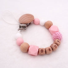 Load image into Gallery viewer, Handmade Free Personalized Name Silicone Wood Pacifier Clips Safe Teething Chain Baby Teether Eco-friendly Dummy Clips Holder