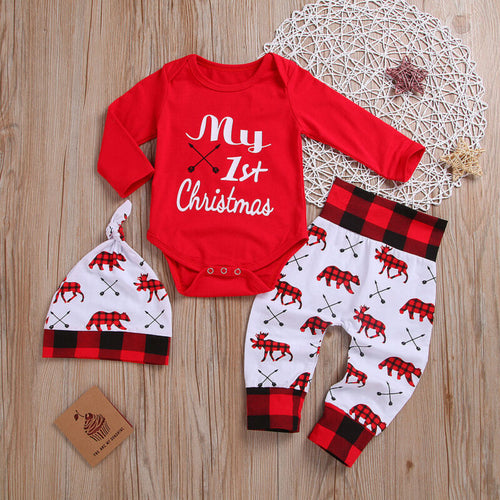 Lovely Baby Boy My First Christmas Letter Romper Pant Hat Outfits Clothing