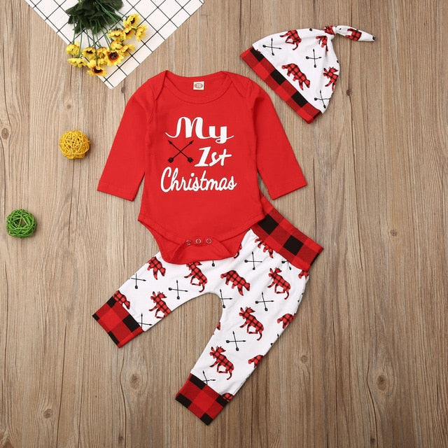 Lovely Baby Boy My First Christmas Letter Romper Pant Hat Outfits Clothing