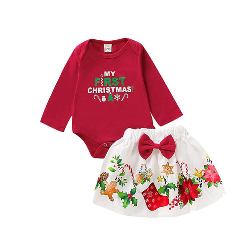 Baby Girl Bodysuit Bowknot Skirt Dress Christmas Letter Print