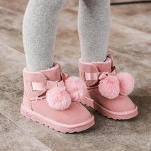 Load image into Gallery viewer, Children's boots cute hair ball girls snow boots frosted leather children's shoes winter warm children's cotton shoes
