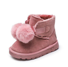 Load image into Gallery viewer, Children's boots cute hair ball girls snow boots frosted leather children's shoes winter warm children's cotton shoes