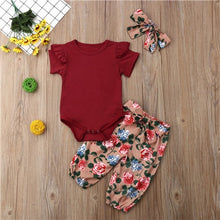 Load image into Gallery viewer, Fashion Newborn Baby Girls' Clothing Sets Suits Short Sleeve Solid Romper Tops Floral Pants Outfits Set Clothes 0-18M