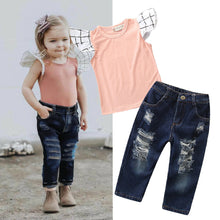 Load image into Gallery viewer, Toddlers Kids Girls Clothing Cotton Sleeve T-shirt, Denim Pants 2PCS