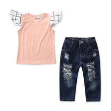 Load image into Gallery viewer, Toddlers Kids Girls Clothing Cotton Sleeve T-shirt, Denim Pants 2PCS