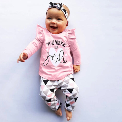 Newborn Baby Girl Clothes Sets Summer New Girls' Clothing Sets Letter Print O-Neck Long Sleeve Tops Geometric Pants Outfits Set
