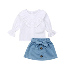 Load image into Gallery viewer, Brand new Long Sleeve Baby Girls' clothing ruffled ruffled long-sleeved top + Fashion Cotton denim skirt suit 2 piece Suits