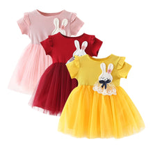 Load image into Gallery viewer, Baby Girls Clothing 2019 New Cute Girls' Summer Solid Color Rabbit Ears Printed T-shirt Spliced Gauze Dresses Baby Girl Dresses