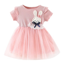 Load image into Gallery viewer, Baby Girls Clothing 2019 New Cute Girls' Summer Solid Color Rabbit Ears Printed T-shirt Spliced Gauze Dresses Baby Girl Dresses