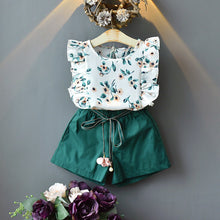Load image into Gallery viewer, Baby Girls Clothes Summer New Girls' Clothing Sets Toddler Kids Flower Print O-neck T-shirt Top+Green Belt Shorts Outfits 2-7Y