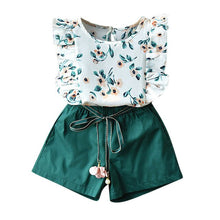 Load image into Gallery viewer, Baby Girls Clothes Summer New Girls' Clothing Sets Toddler Kids Flower Print O-neck T-shirt Top+Green Belt Shorts Outfits 2-7Y