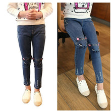 Load image into Gallery viewer, Skinny Jeans for Children's Clothing Autumn and Winter Kids Cat Embroidered Denim Pant With Velvet Lining 2-11 Ages Girls' Jeans