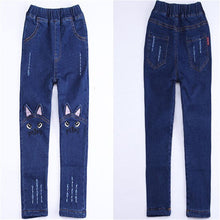 Load image into Gallery viewer, Skinny Jeans for Children's Clothing Autumn and Winter Kids Cat Embroidered Denim Pant With Velvet Lining 2-11 Ages Girls' Jeans