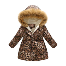 Load image into Gallery viewer, New Year Winter New Children's Clothing Girls's Leopard Printed Children Long Fur Collar Hooded Cotton-Padded Clothes Coat