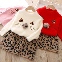 Load image into Gallery viewer, Leopard Sweater Skirt Suit Wool Set Long Sleeve Kids Girls Clothes