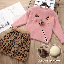 Load image into Gallery viewer, Leopard Sweater Skirt Suit Wool Set Long Sleeve Kids Girls Clothes