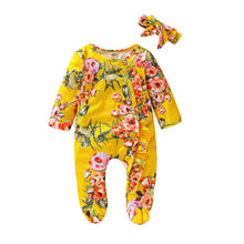 Load image into Gallery viewer, Newborn Girls Floral Print Ruffles Winter Long Sleeve Jumpsuit  + Headband Set 0-18M
