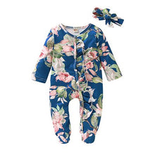 Load image into Gallery viewer, Newborn Girls Floral Print Ruffles Winter Long Sleeve Jumpsuit  + Headband Set 0-18M