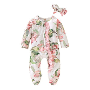 Newborn Girls Floral Print Ruffles Winter Long Sleeve Jumpsuit  + Headband Set 0-18M