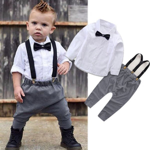 Little Gentleman Costume Newborn Baby Boy White T-shirt Tops + Overalls Trouser